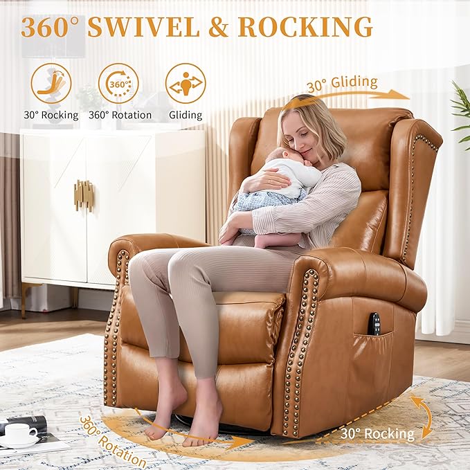 360° Swivel Glider Chair for Nursery Wingback Genuine Leather Rocking Recliner with Lumbar Heat &amp Massage 8-Point Vibration Massage for Living Room Bedroom