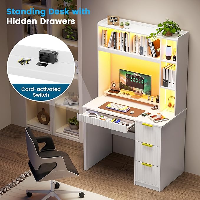 Home Office Desk with Hutch &amp LED Lights - 39 Computer Desk with Charging Station 3 Large Drawers Hidden Compartment &amp Fluted Panel DesignWhite Writing Desk for Bedroom Study