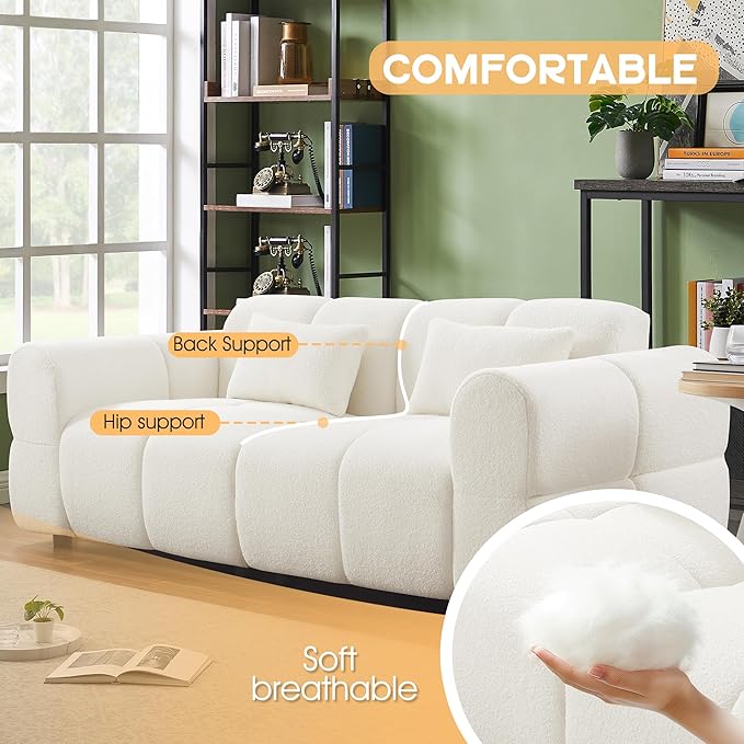 80 Modern Sofa Couch Comfy Deep Seat Teddy Cloud Sofa Upholstered 3-Seater Boucle Couch Oversized Loveseat for Living Room Bedroom Office Apartment(White)