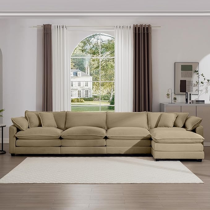 Oversized Modular Sectional Sofa 149.5'' Modern Corduroy Comfy Cloud Couches for Living Room Apartment L-Shaped Deep Seat 4-Seater Sofa with Movable Ottoman Camel