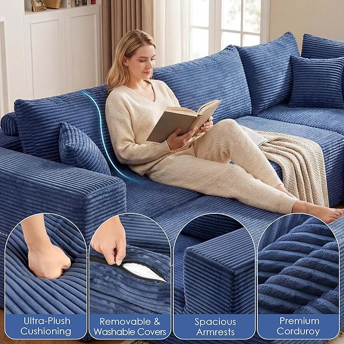 Redlife 97 L-Shaped Modular Sectional Sofa 4-Seater Boneless Couch with Ottoman 28 Deep Seat Blue Corduroy Upholstery Non-Slip Texture No Assembly Required