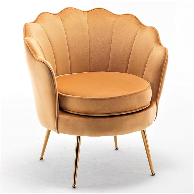 Velvet Barrel Accent Chair with Scalloped Silhouette and Gold Metal Legs Decorative Piece Suitable for Traditional Modern and Contemporary Spaces Mustard Yellow