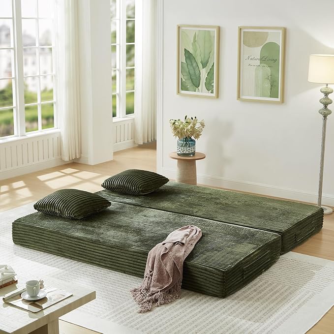 Modular Couch Bed Convertible Folding Plush Corduroy Comfy Floor Memory Foam Compression Loveseat Sleeper Sofa Couch King Size Bed for Guest Room Living Room Bedroom No Assembly Required Green