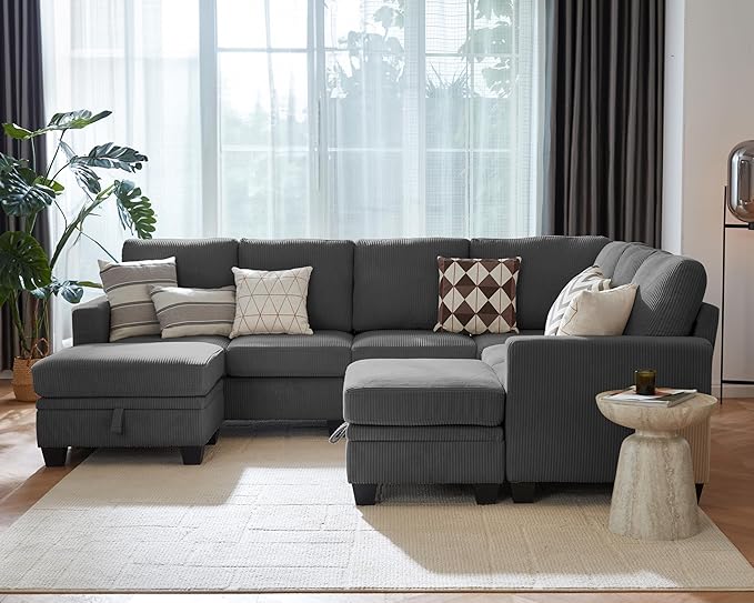 CHIC HOUSE Modular Sectional Couch| Corduroy L Shaped Sleeper Sofa U-Shape Sofa Bed Convertible Chaise with Storage Ottoman for Living Room Modern Furniture (Dark Grey 8 Seater L-Shaped)