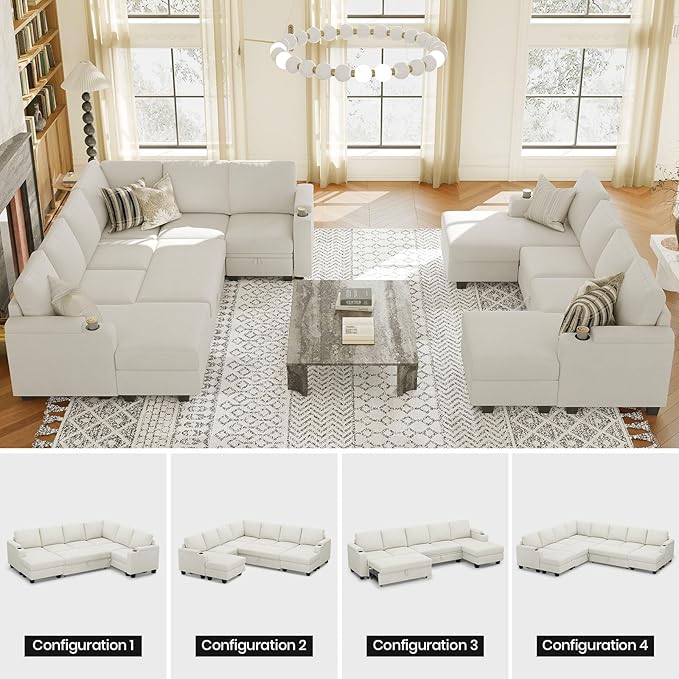 Belffin Sleeper Sofa Modular Sectional Pull Out Couch Bed U Shaped Sofa Couch for Living Room with Storage Chaise. White