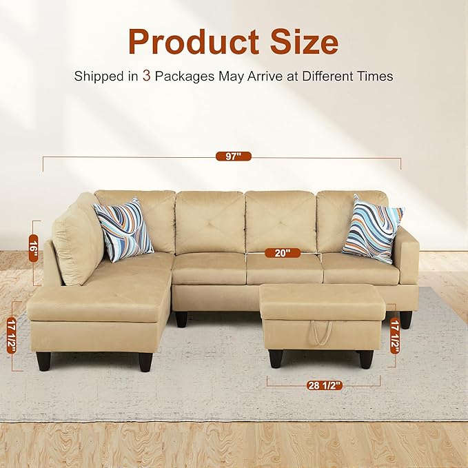 L Shaped Couch Sectional Couches for Living Room Upholstered Microfiber 3 Pieces Modular Sectional Sofa with Chaise Ottoman with Storage for Living Room and Small Apartment Beige
