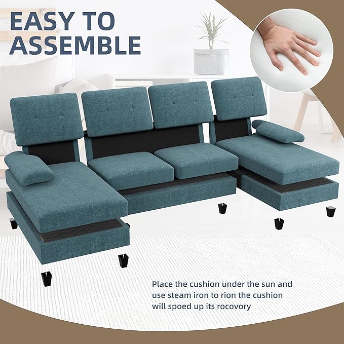 Walsunny Sectional Couches for Living Room Convertible U-Shaped Sofa Couch with Double Chaise 4 Seat Sofa Set Modular Sectional Sofa for Living Room Apartment Bedroom New Blue