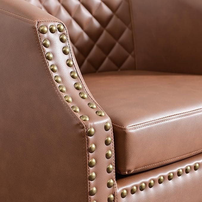 KINWELL Upgraded 29-inch Barrel Club Chairs Sloped Arm Design for Small Spaces Double Row Nailhead Trim Faux Leather Accent Chairs with Solid Wood Legs for Living Room (Mottled Mesh Brown)