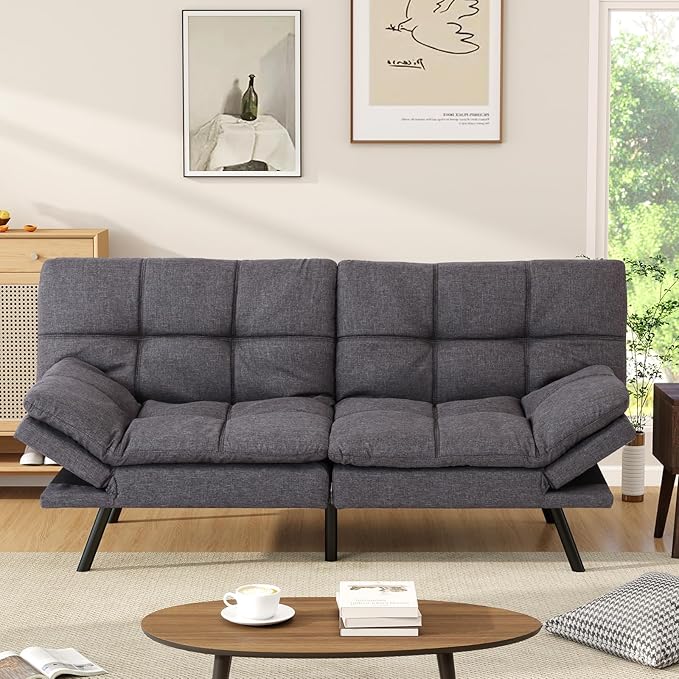 Opoiar Futon Sofa Bed Convertible Memory Foam Couch Bed Modern Sleeper Sofa with Adjustable Armrests&ampBackrests Christmas Futon Sets for Compact Living Spaces Office Dorm Bonus RoomGrey