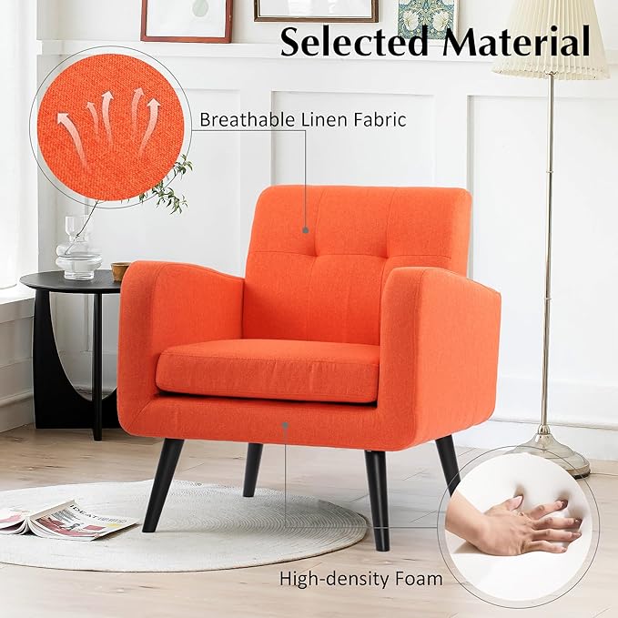 LSSPAID Accent Chairs Set of 2 Modern Orange Linen Fabric Living Room Chairs Comfy Upholstered Armchairs Single Sofa Chair with Solid Wood Legs for Apartment Reading Office