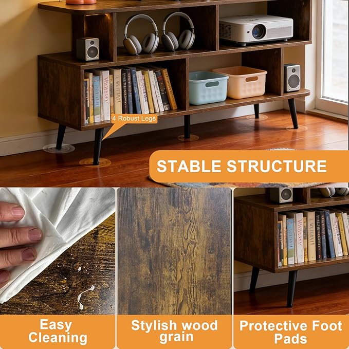 Lightdot 55 Inch TV Stand up to 65 Inch TVs Large Storage for Collection with 6 Open Shelves Sturdy Media Console Table for Living Room/Entrance/Kitchen/Sofa Cabinet Easy Assembly Amber