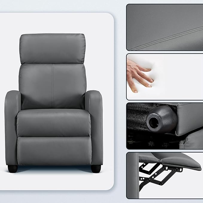 Topeakmart Single Recliner Chair PU Leather Recliner Sofa Padded Seat Club Chair for Living Room Home Theater Seating Silver Gray