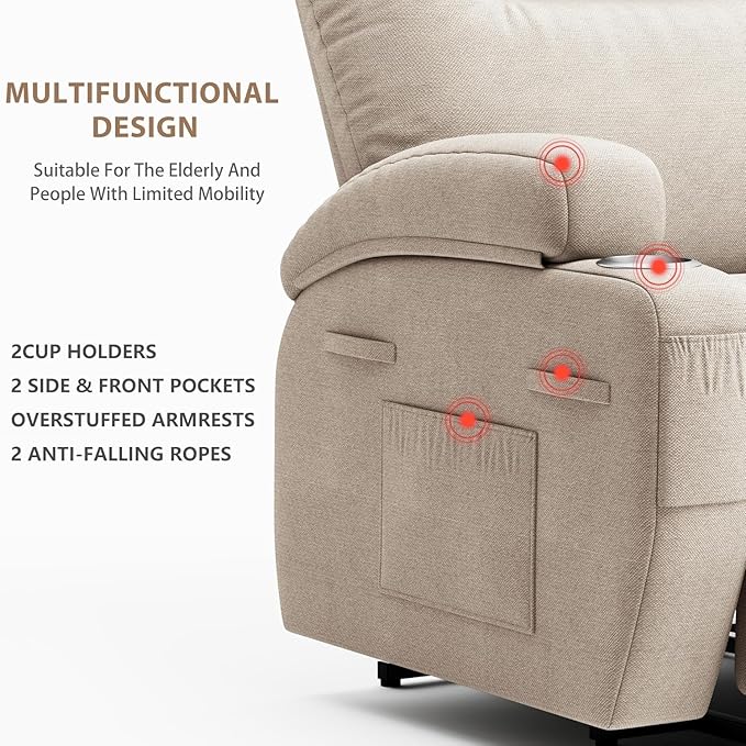 Flamaker Power Lift Chair Massage Recliner Chairs for Elderly - Ergonomic Design with Cup Holders &amp Side Pockets Remote Control (Beige)