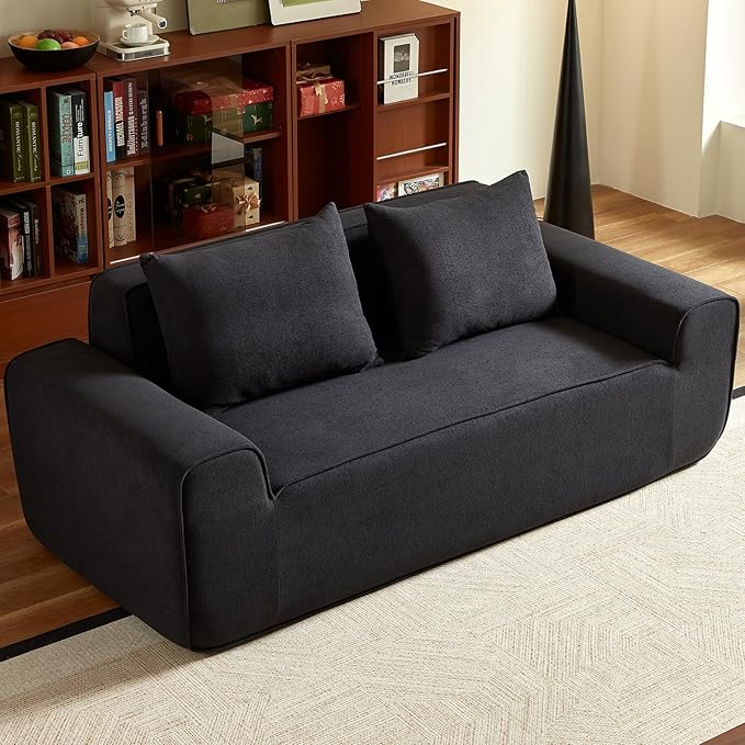 Boneless Couch 3 Seater Foam Sofa 76 Comfy Deep Seat Sofa with 2 Pillows Modern Velvet Cloud Couch for Living Room Apartment Wide Armrests (Black)