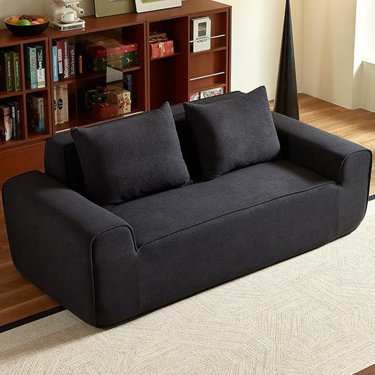 Boneless Couch 3 Seater Foam Sofa 76 Comfy Deep Seat Sofa with 2 Pillows Modern Velvet Cloud Couch for Living Room Apartment Wide Armrests (Black)