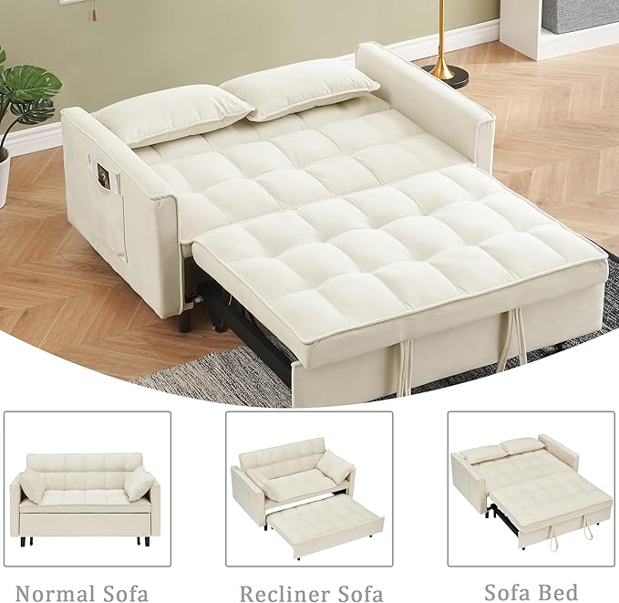 55 Sleeper Loveseat3 in 1 Sofa BedPull Out Couch Bed with 2 Pillows and Side PocketsVelvet Convertible Bed for Small SpacesLiving Room (Beige)