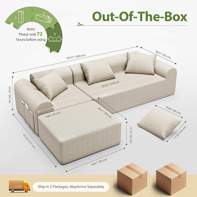 105.5 Modular Sofa Modern Boneless Sectional Sofa with Footstool No Assembly Required Extra-deep Chenille Fabric Seat L-Shaped Chaise Lounge Sofa Suitable for Living Room(Beige)