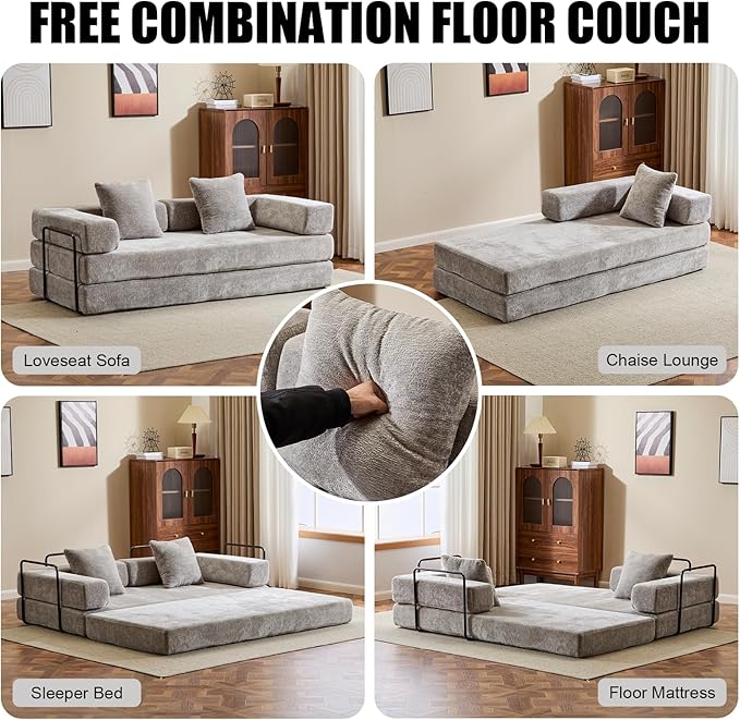 Folding Convertible Sofa Bed 4-in-1 Boneless Couch Sleeper Sofa 76.8'' Chenille Foldable Mattress Couch with Fixed-Shape Frame Floor Sofas Modular Futon Couches for Living Room Light Grey