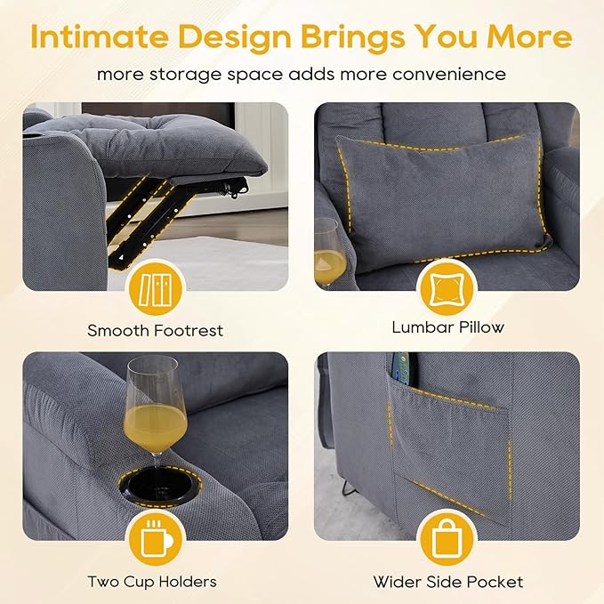 IPKIG Power Recliner Chair with Massage and Heat Electric Recliner for Living Room Home Theater Bedroom with LED Lights USB Charger Cup Holders Side Pockets &amp Lumbar Pillow (2 Grey)