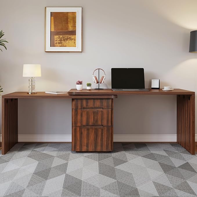 Merax Home Office Desk L Shaped with 3 DrawersWooden Rotating 90 Large DeskExecutive Office WorkstationCorner Work Table for Study WritingWalnut