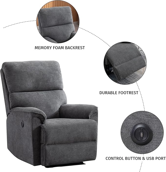 EBELLO Power Recliner Chair Electric Recliner Breathable Fabric Single Overstuffed Recliner Sofa Chair with USB Charge Port for Elderly Living Room Bedroom Gray Power Gray