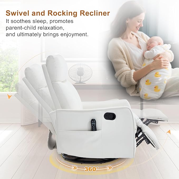 Manual Swivel Rocker Recliner Chair for Adults Overstuffed Reclining Glider Chair for Nursing with Vibration Massage &amp Heat Living Room Rocking Recliner 2-Stage backrest Faux Leather White