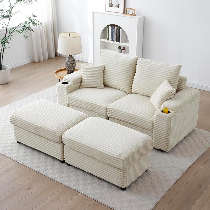 70.8 W Luxurious Corduroy Loveseat with Ottomans - Plush and Cozy Modular Sectional Sofa Set with Pillows Rack for Cozy Reading Compact Living Room (Beige &amp Two Seats)