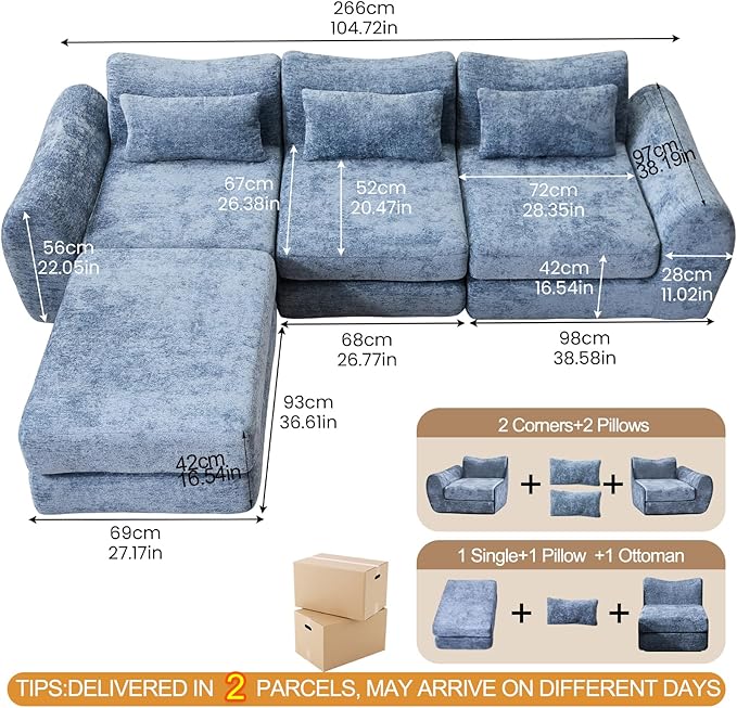 105” Modular Sectional Sofa Convertible Sofa BedTransforms into Single or Double Sofa Chenille Fabric Cloud SofaModern Soft Boneless Comfort No Assembly Required Blue