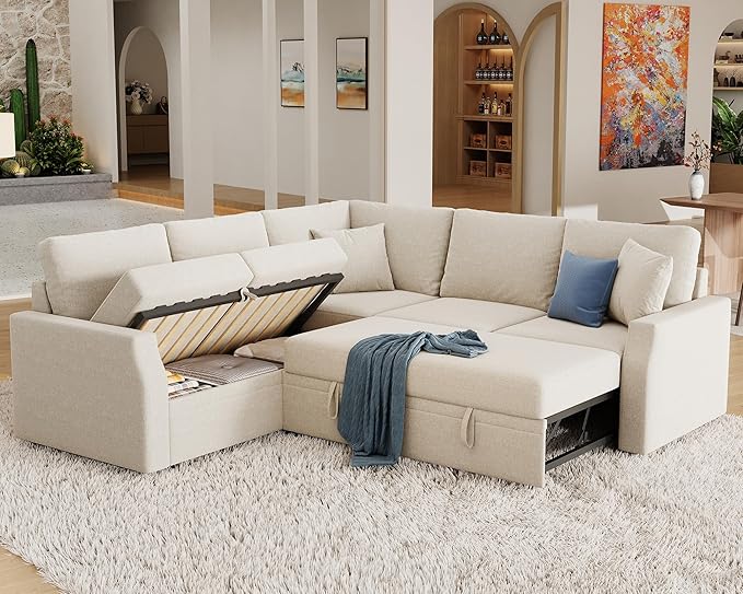 Jocisland Sofa Bed 85 Inch Sleeper Sofa with Pull Out Bed &amp Storage Seat Reversible L Shape Sectional Couch for Living Room Apartment Beige Linen Oversized Sofa