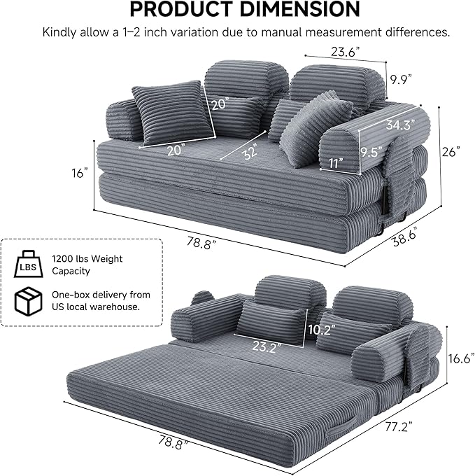 79 Sofa Bed Deep Seat 32 Sleeper Sofa 5-in-1 Convertible Sofa Bed Boneless Couch in a Box Corduroy Floor Futon with Thickened backrest and Headrest Pillows Side Pockets Dark Grey | 32 Deep Se
