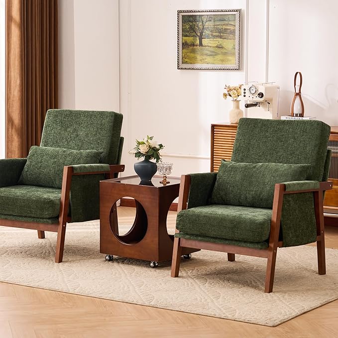 Accent Chair Mid-Century Modern Chair with Lumbar Support Pillow Upholstered Living Room Chairs with Wooden Chenille Armchair with Cushion Comfy Side Chair for Bedroom Balcony Green