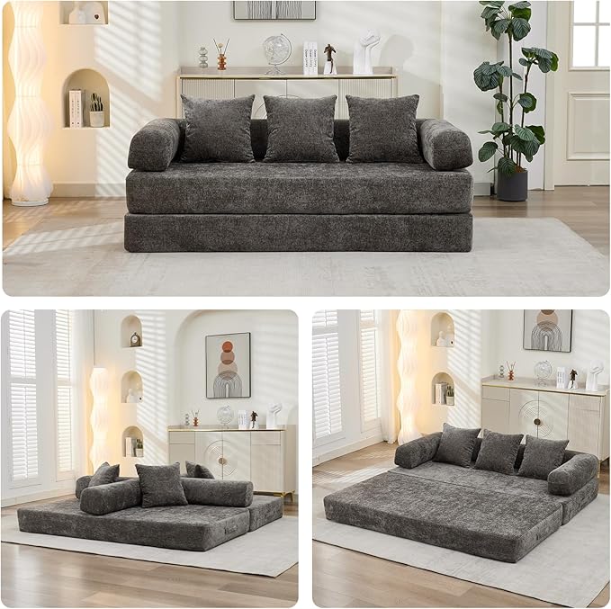 Convertible Sofa Bed 4-in-1 Floor Foldable Couch Bed with Armrests &amp Pillow Chenille Fabric No Assembly Required Comfy Memory Foam Couch Lounge Sofa for Living Room Grey