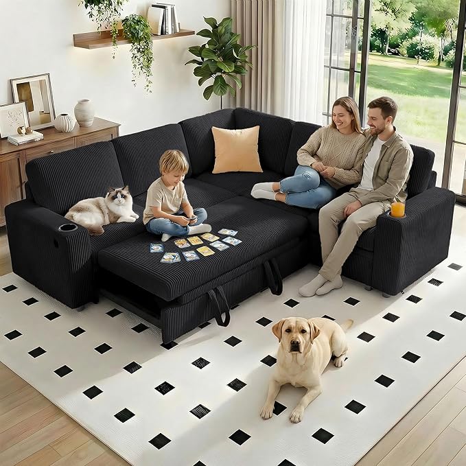 Sectional Sleeper Sofa with Pull Out Bed Plush Corduroy L Shaped Corner Couch with Storage USB Ports Cup Holders Comfy Sectional Couches for Living Room Black | Modular Couch for Apartment Tool