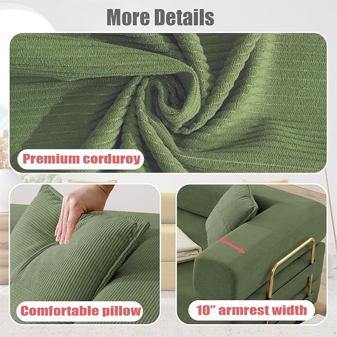 79 Inch Convertible Folding Sleeper Sofa Bed Modern Corduroy Futon Sofa Fold Out Couch Bed with Metal Fixed Frame Modular Comfy Boneless Couches Floor Sofas for Living Room Olive Green