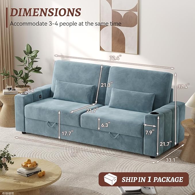 Loveseat Sofa Larger Couch Velvet Fabric with Storage Charging Ports Heightened Backrests Removable Cover Modern Comfy Couches Easy Assembly for Living Room 88 Inch Blue