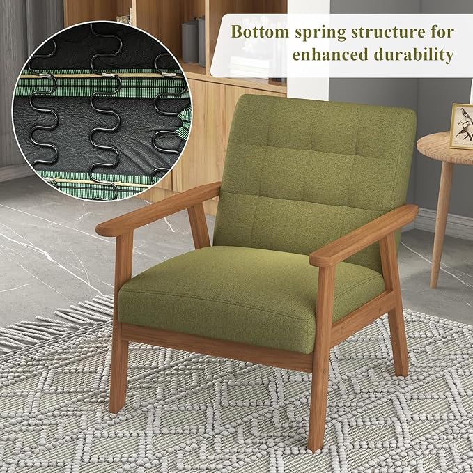 Westice Accent Chair 1PC Mid-Century Modern Living Room Chairs with Solid Wood Frame &amp Soft Thicken Cushion Upholstered Reading Arm Chair for Bedroom Balcony Green Linen Fabric &amp Natural L