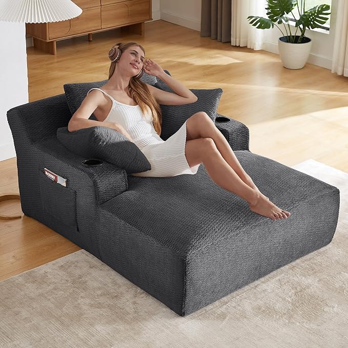 49.2Oversized Chaise Lounge Chair IndoorFaux Fur Boneless Reading Chair with Cup Holder&ampSide PocketsCloud Sofa BedComfy Modern Sleeper Chairs in Box for Living RoomNo Assembly(Dark Grey)