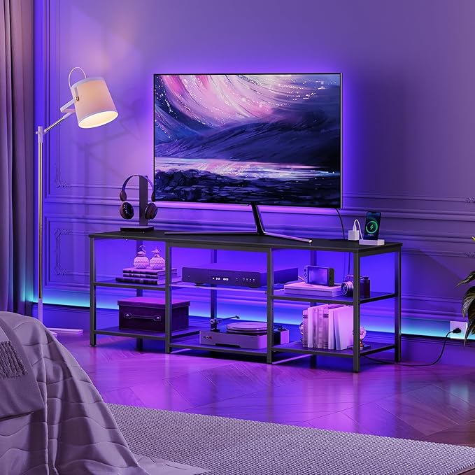 HOOBRO LED TV Stand for 65 Inch TVs with Charging Station Gaming Entertainment Center with 3-Tier Open Storage Long Media TV Console Table TV Stand for Living Room Bedroom Black BB20UDDS01