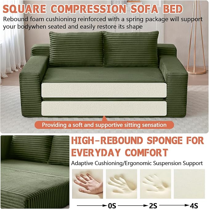 73 Boneless Loveseat Couch 2 in 1 Pull Out Sleeper Sofa with Side Pockets &amp 2 Pillows Folding Convertible Corduroy Floor Couch for Apartment Living Room Bedroom No Assembly(Green)