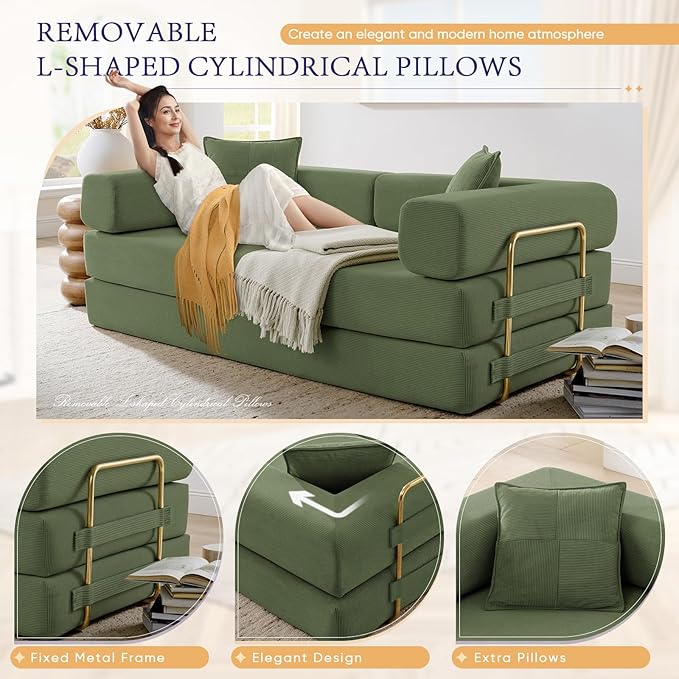 Convertible Folding Sofa Bed Corduroy Sleeper Mattress Couch with Fixed-Shape Frame Free Combination Loveseat Lounge Floor Sofa Queen Size Memory Foam Couch for Living Room Bedroom Dark Green