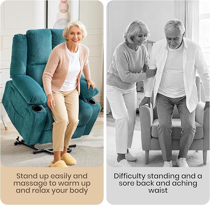 Oversized Power Lift Recliner Chair for Elderly 135° Lay Flat Electric Recliner with Massage &amp Heat Stand Assist Lift Chair with 2 Cup Holders for Living RoomBlue