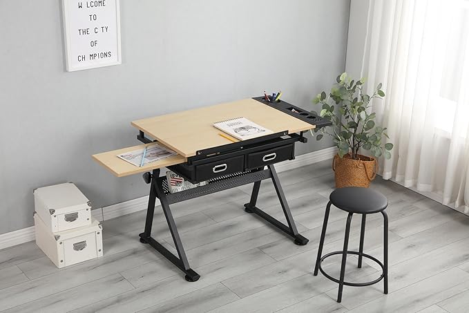 Adjustable Drawing Table Desk with 2 Drawers for Home Office and School with Stool(Wood)