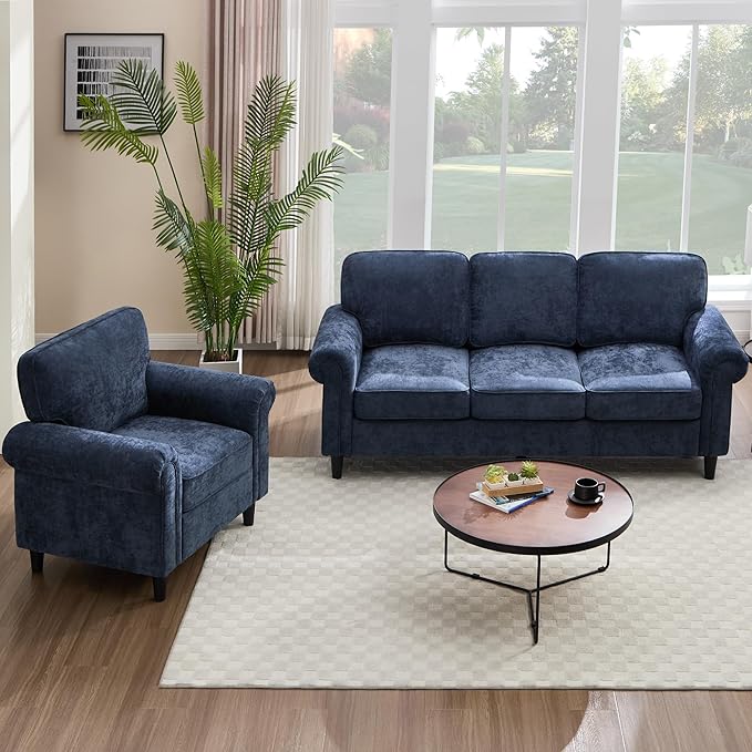 Kingfun WILLOVE 3 Seater Couch Mid Century Modern Sofa Set with Rolled Arms and Deep Seats Fluffy Comfort for Living Room Apartment Easy Assembly Blue
