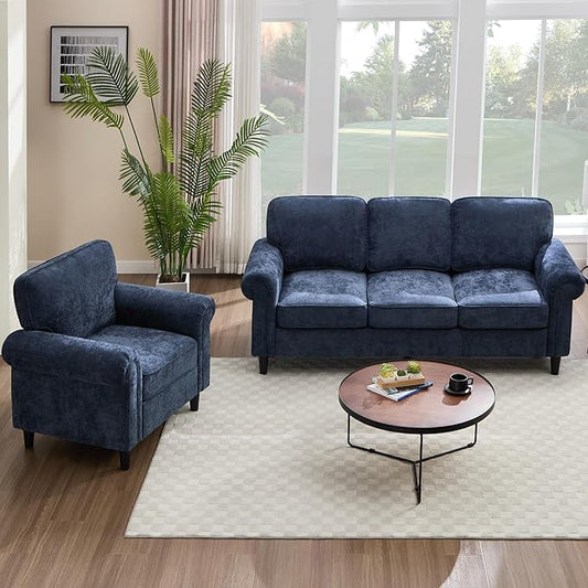 Kingfun WILLOVE 3 Seater Couch Mid Century Modern Sofa Set with Rolled Arms and Deep Seats Fluffy Comfort for Living Room Apartment Easy Assembly Blue