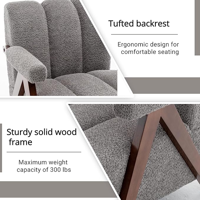 Mid Century Modern Accent Chair with Solid Wood Frame Boucle Upholstered Living Room Chairs with Thick Cushion Comfy Tufted Arm Chair for Bedroom Grey