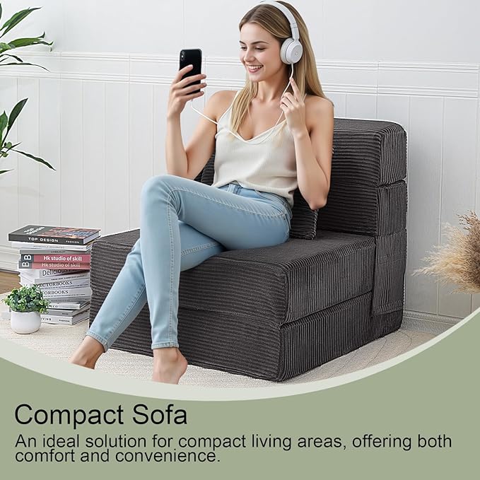 MeMoreCool Boneless Folding Chair Bed – Dark Grey Corduroy Single Sleeper Sofa 4-in-1 Convertible Futon Couch with Pillow Compact Fold-Out Floor Mattress with Washable Cover for Bedroom Guest Room