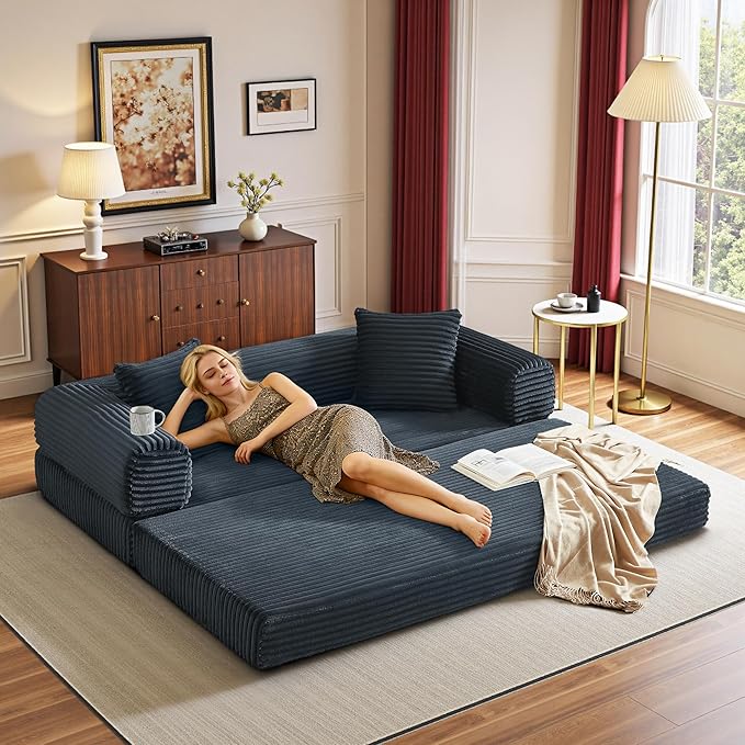 Boneless Couch Versatile Couches for Living Room No-Install Sofa Bed Corduroy Futon Soft Cloud Couch with Pillows for Bedroom Game Movie