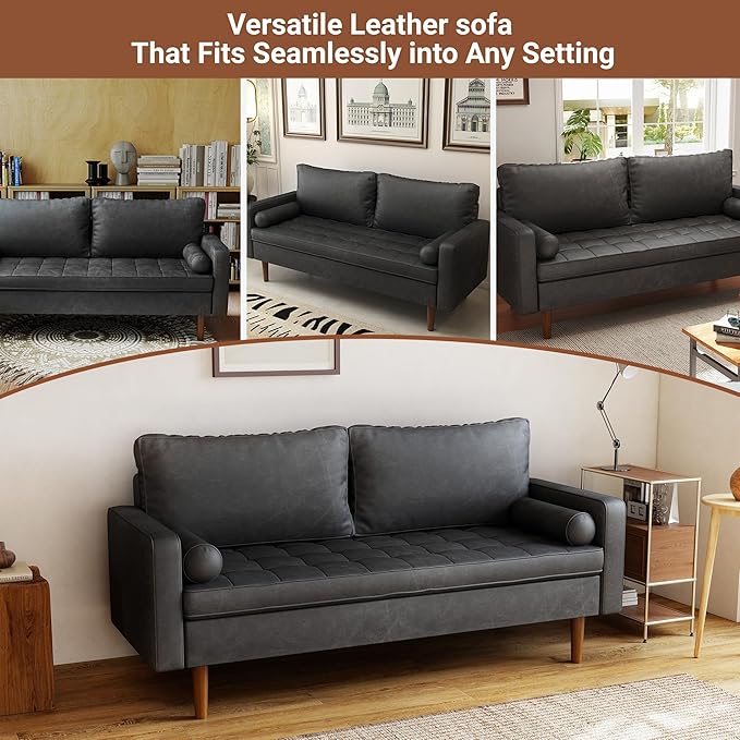 70 Loveseat Sofa Couch Mid-Century Vintage Couches 2 Seat Faux Leather with Solid Wood Frame Deep Seat 2 Pillows for Living Room Apartment Office Small Spaces Charcoal