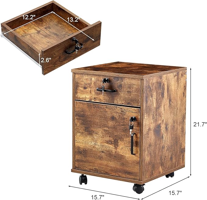 TUKAILAi Mobile File Cabinet with Lockable Drawer &amp Door Under Desk Rolling Filing Cabinet with 4 Wheels Wooden Stationery Storage Cabinet for Home Office (Rustic Brown)