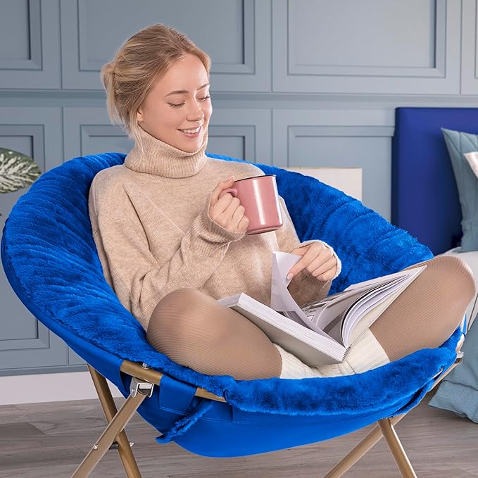 Milliard Saucer Chair for Adults Teens &amp Kids Royal Blue Faux Fur XL Circle Chair for Bedroom Dorm &amp Gaming Foldable Comfy Accent Seat for Small Spaces Folding Moon/Mushroom/Round Style